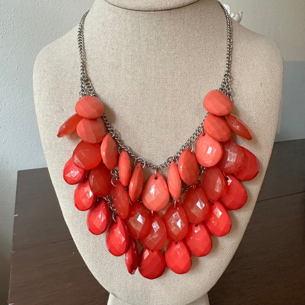 Statement Necklace Coral Red Bead Bib Silver Chain Jewelry Y2K Twee Pop of Color